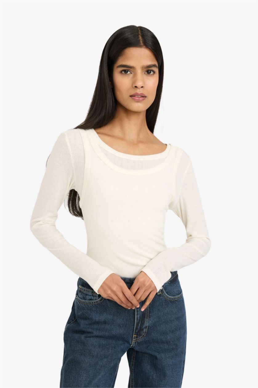 Женщины Кремовый Футболка в рубчик с круглым вырезом и длинным рукавом