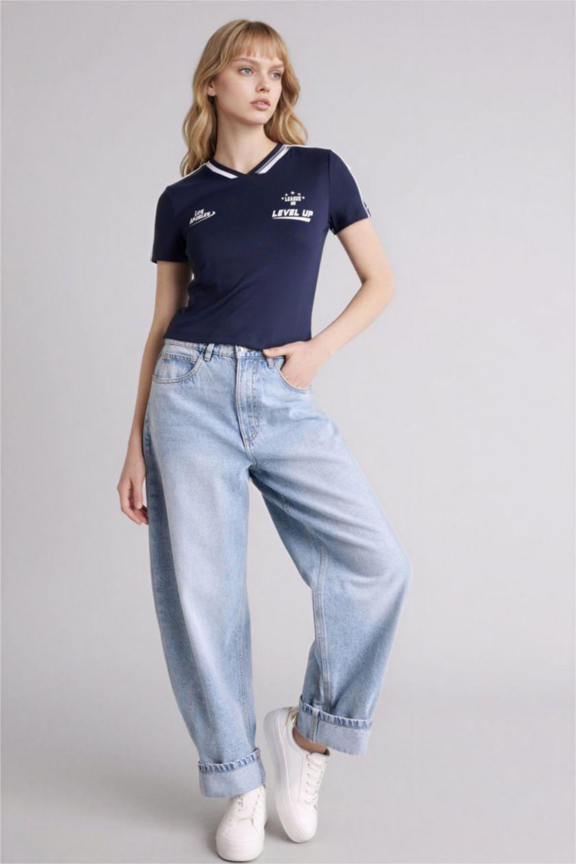 Әйелдерге әскери-теңіз Loose Fit спорттық баспалы рибана қысқа жеңді футболка