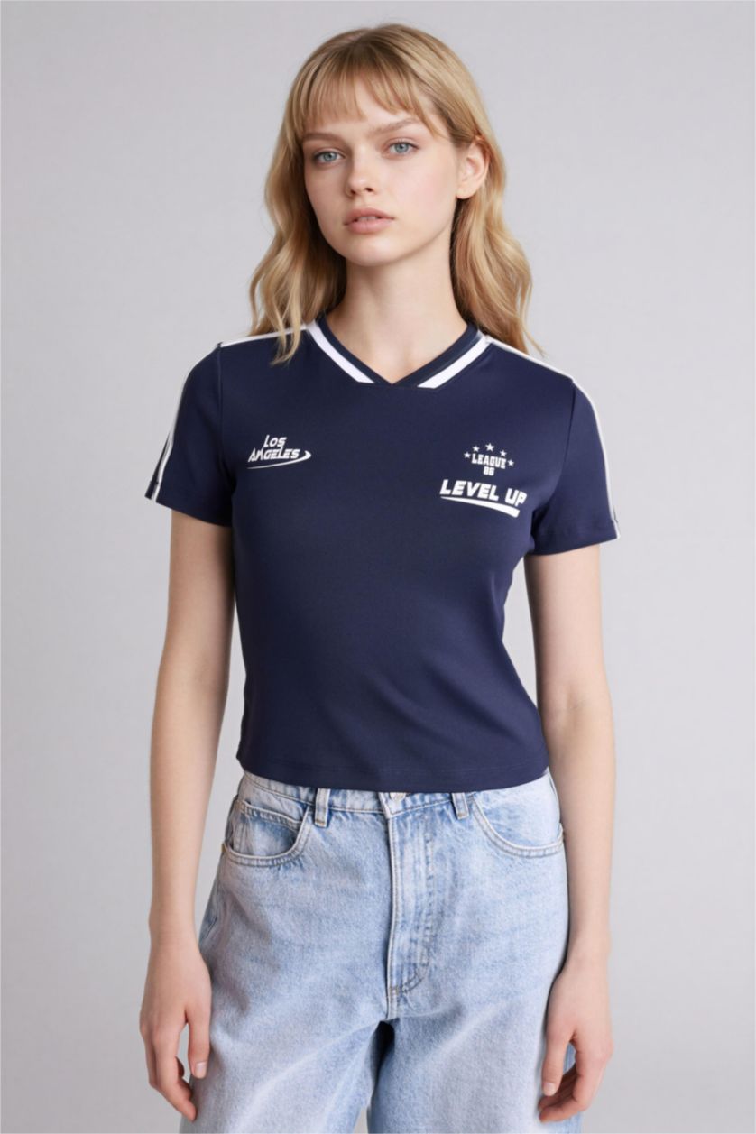 Әйелдерге әскери-теңіз Loose Fit спорттық баспалы рибана қысқа жеңді футболка