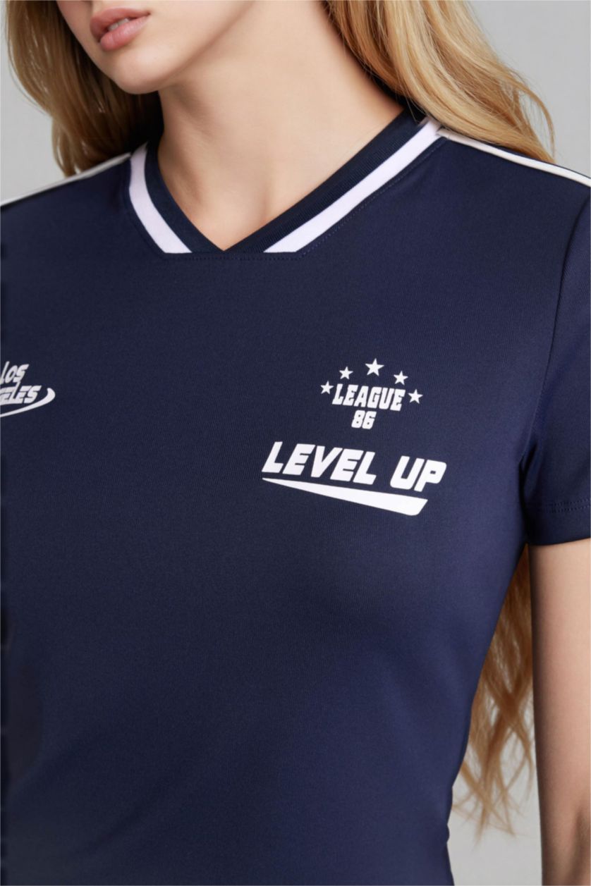 Әйелдерге әскери-теңіз Loose Fit спорттық баспалы рибана қысқа жеңді футболка