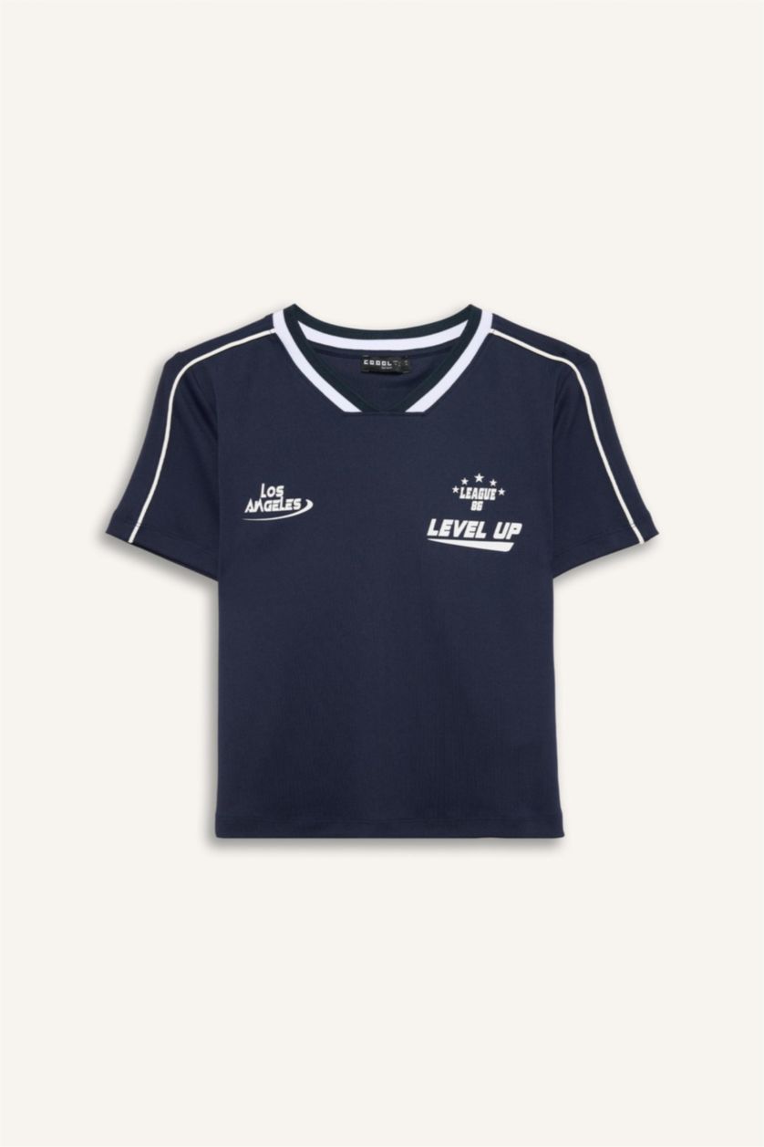 Әйелдерге әскери-теңіз Loose Fit спорттық баспалы рибана қысқа жеңді футболка