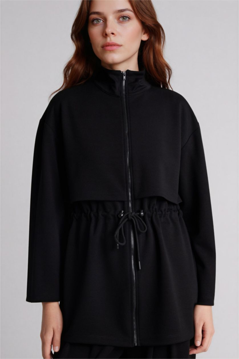 Kadın Siyah Regular Fıt Dik Yaka Hırka