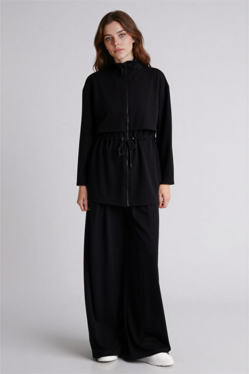 Kadın Siyah Regular Fıt Dik Yaka Hırka