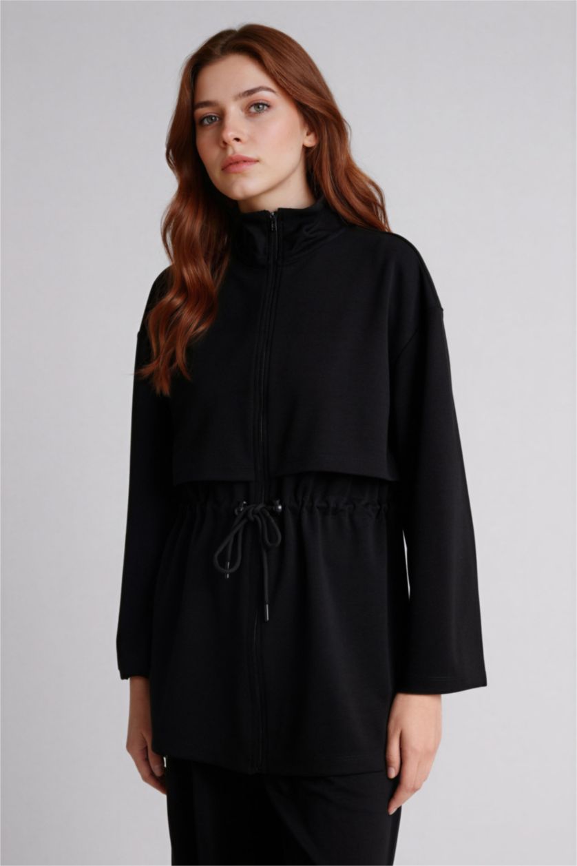 Kadın Siyah Regular Fıt Dik Yaka Hırka