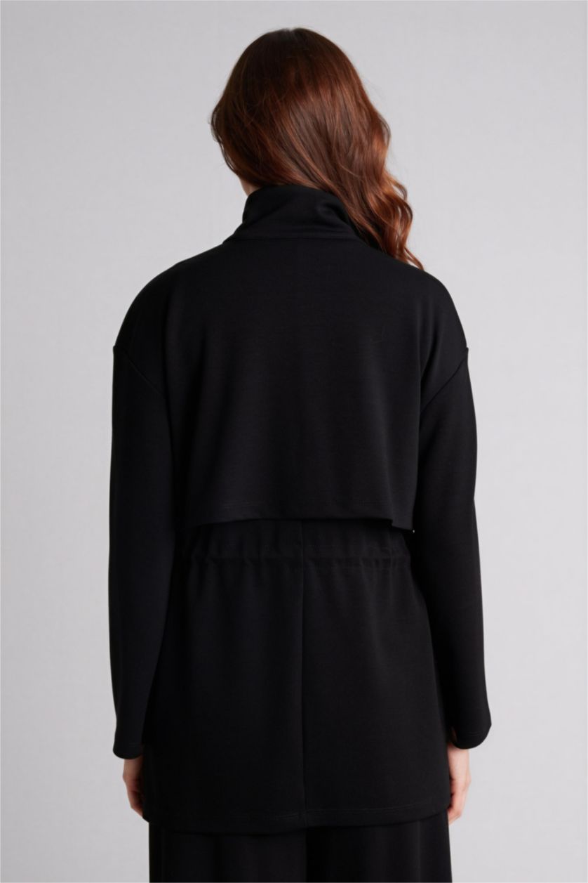 Kadın Siyah Regular Fıt Dik Yaka Hırka