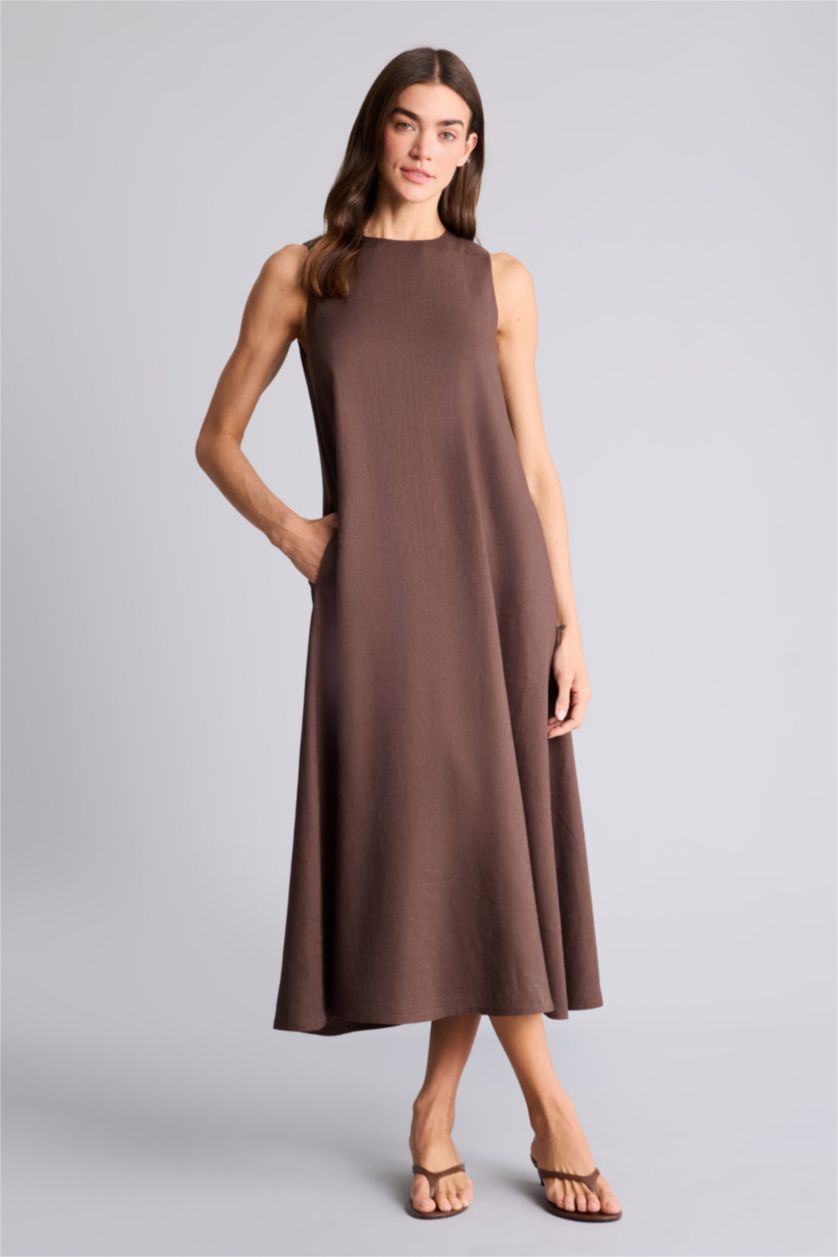Женщины Коричневый Linen Blended Midi Dress