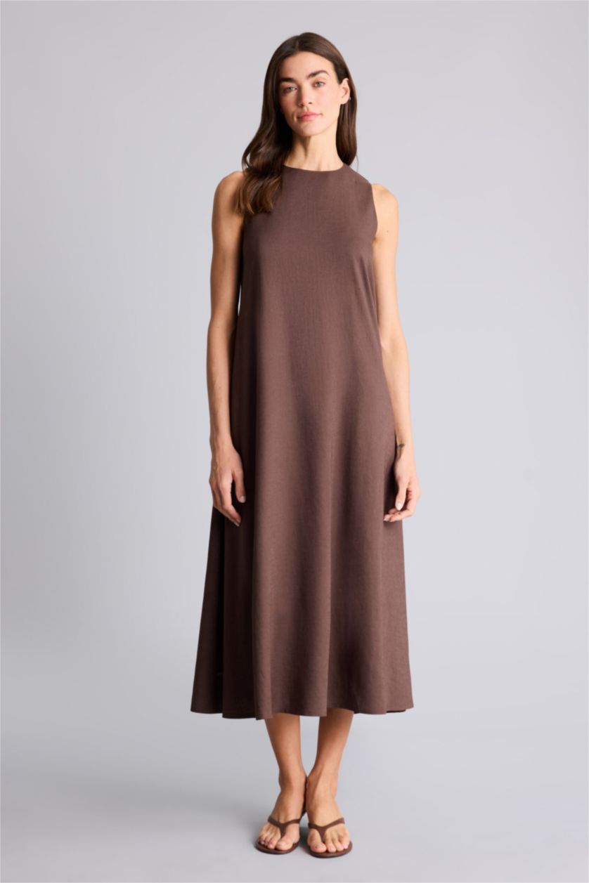 Женщины Коричневый Linen Blended Midi Dress