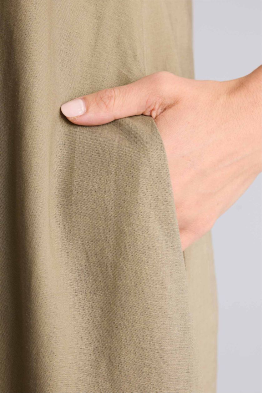 Женщины Хаки Linen Blended Midi Dress