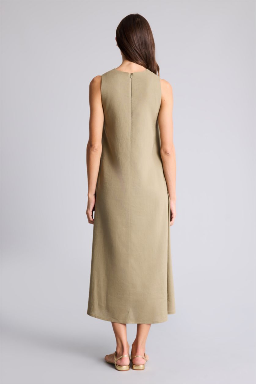 Женщины Хаки Linen Blended Midi Dress