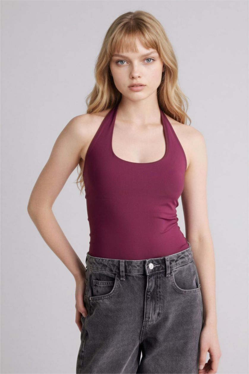 Женщины Бордовый Майка приталенного кроя с горловиной халтер для женщин Coool