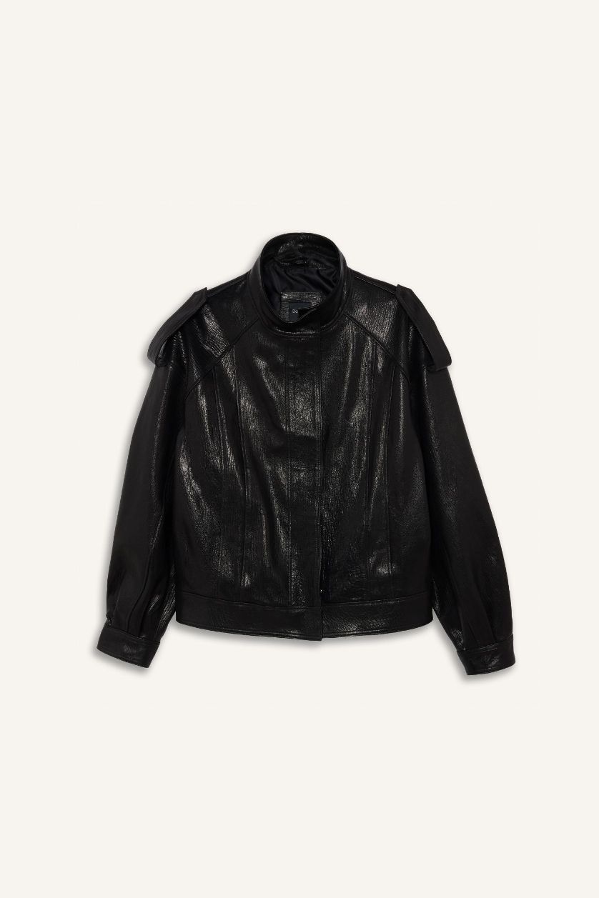 Kadın Siyah %100 Deri Oversize Geniş Kalıp Dik Yaka Fermuarlı Mont