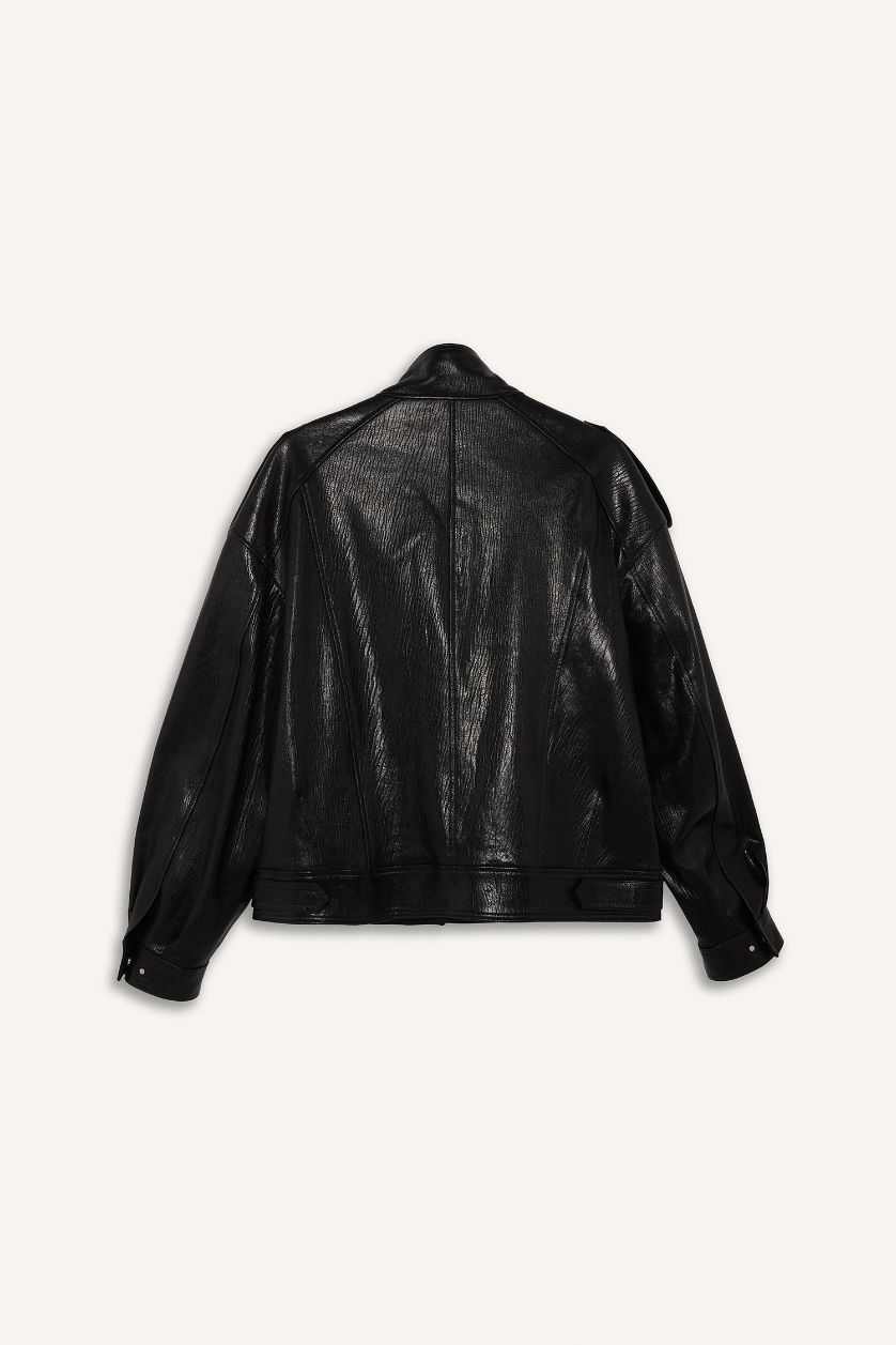 Kadın Siyah %100 Deri Oversize Geniş Kalıp Dik Yaka Fermuarlı Mont