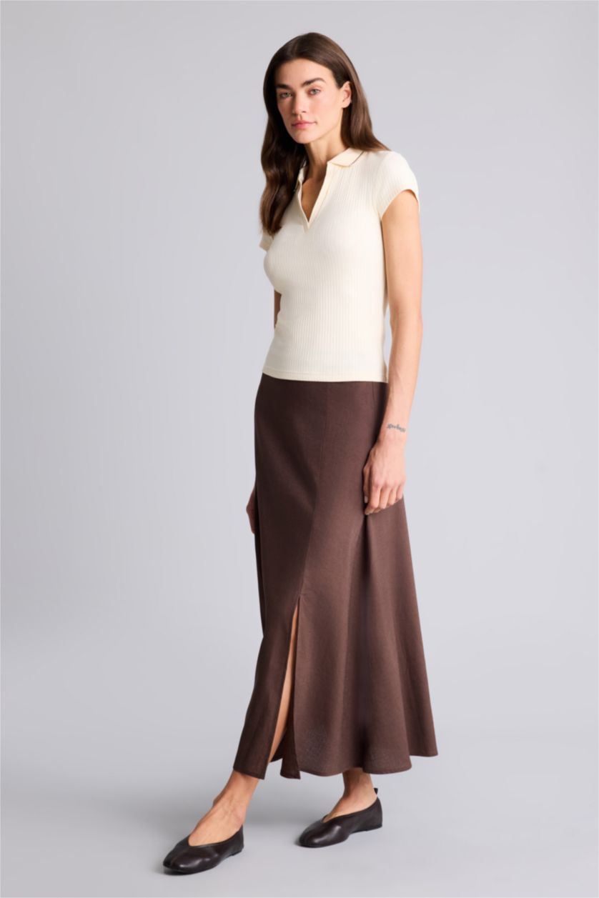 Женщины Коричневый Юбка миди А-силуэта из смесового льна с нормальной посадкой