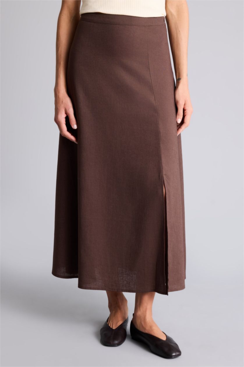Женщины Коричневый Юбка миди А-силуэта из смесового льна с нормальной посадкой