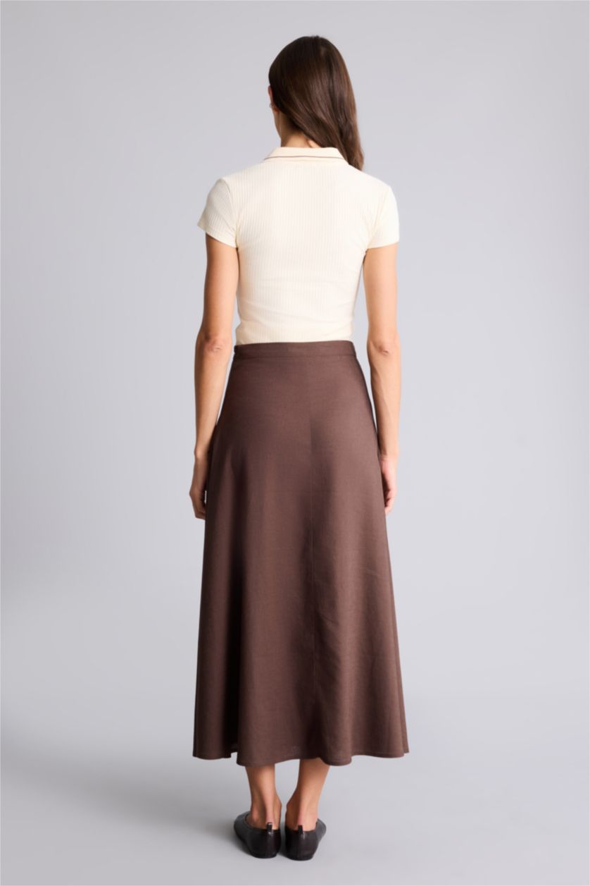 Женщины Коричневый Юбка миди А-силуэта из смесового льна с нормальной посадкой