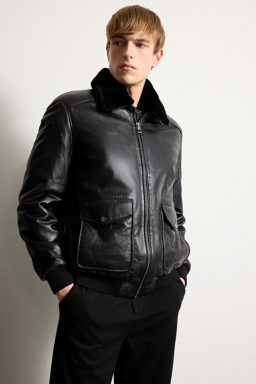 Men Black Zipper Faux Leather Jacket