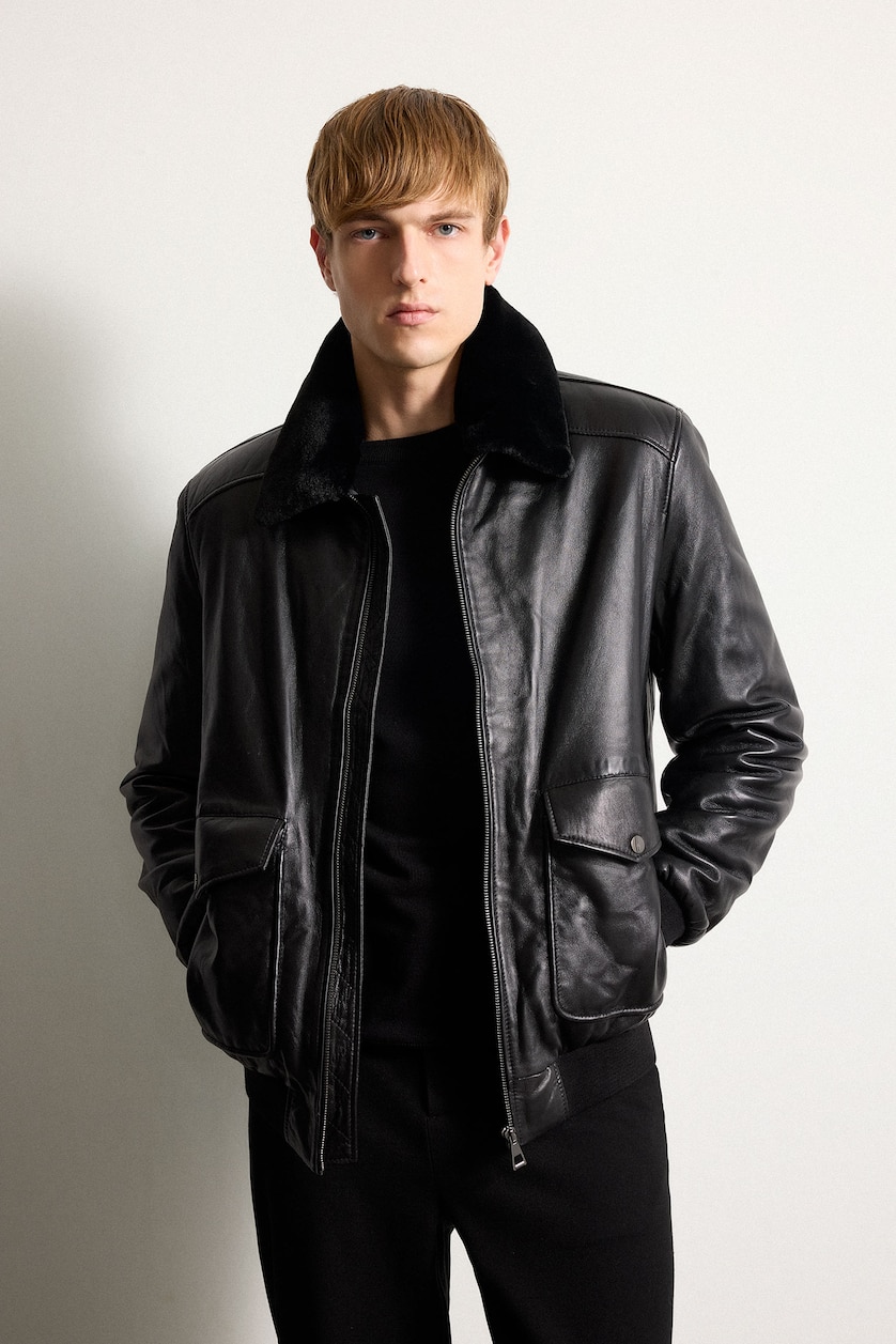 Men Black Zipper Faux Leather Jacket