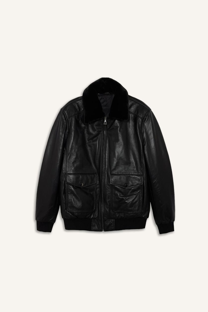 Erkek Siyah %100 Deri Premium Modern Fit Polo Yaka Astarlı Fermuarlı Mont