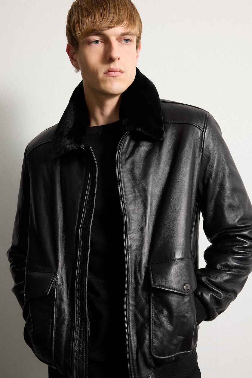 Men Black Zipper Faux Leather Jacket