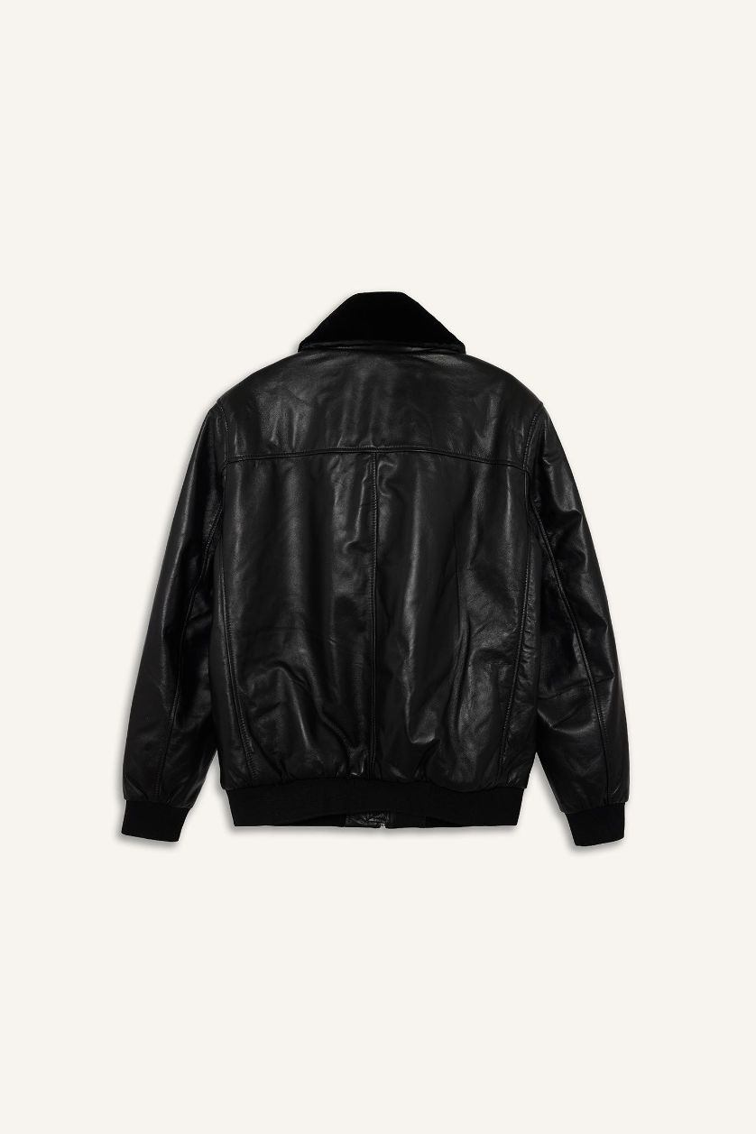 Erkek Siyah %100 Deri Premium Modern Fit Polo Yaka Astarlı Fermuarlı Mont