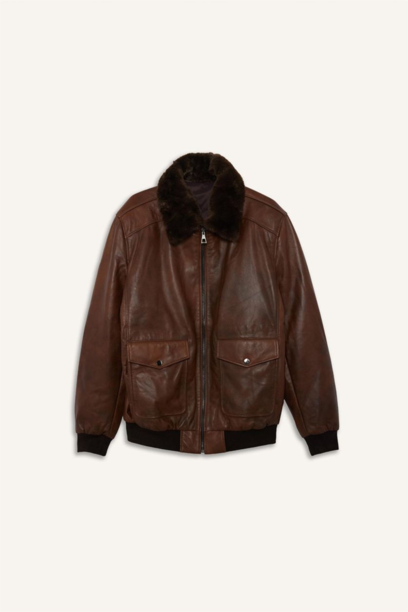 Erkek Kahve %100 Deri Premium Modern Fit Polo Yaka Astarlı Fermuarlı Mont