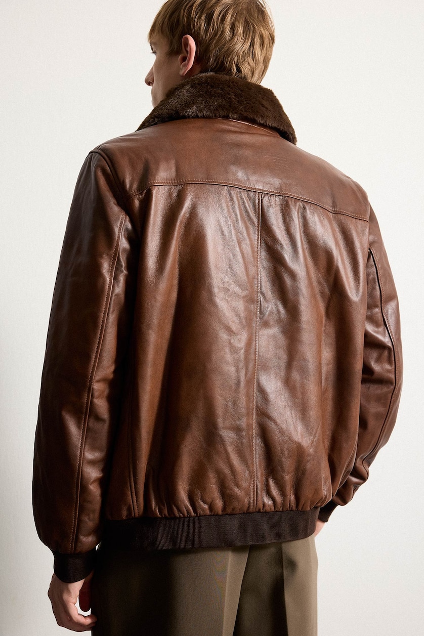 Erkek Kahve %100 Deri Modern Fit Suni Kürklü Yaka Mont