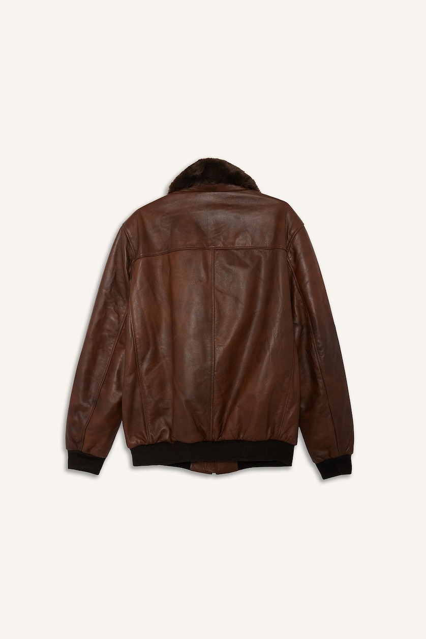Erkek Kahve %100 Deri Modern Fit Suni Kürklü Yaka Mont