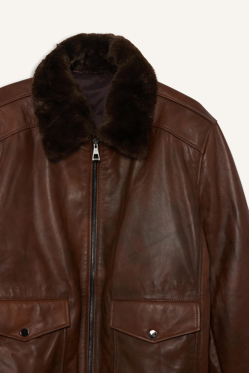Erkek Kahve %100 Deri Modern Fit Suni Kürklü Yaka Mont