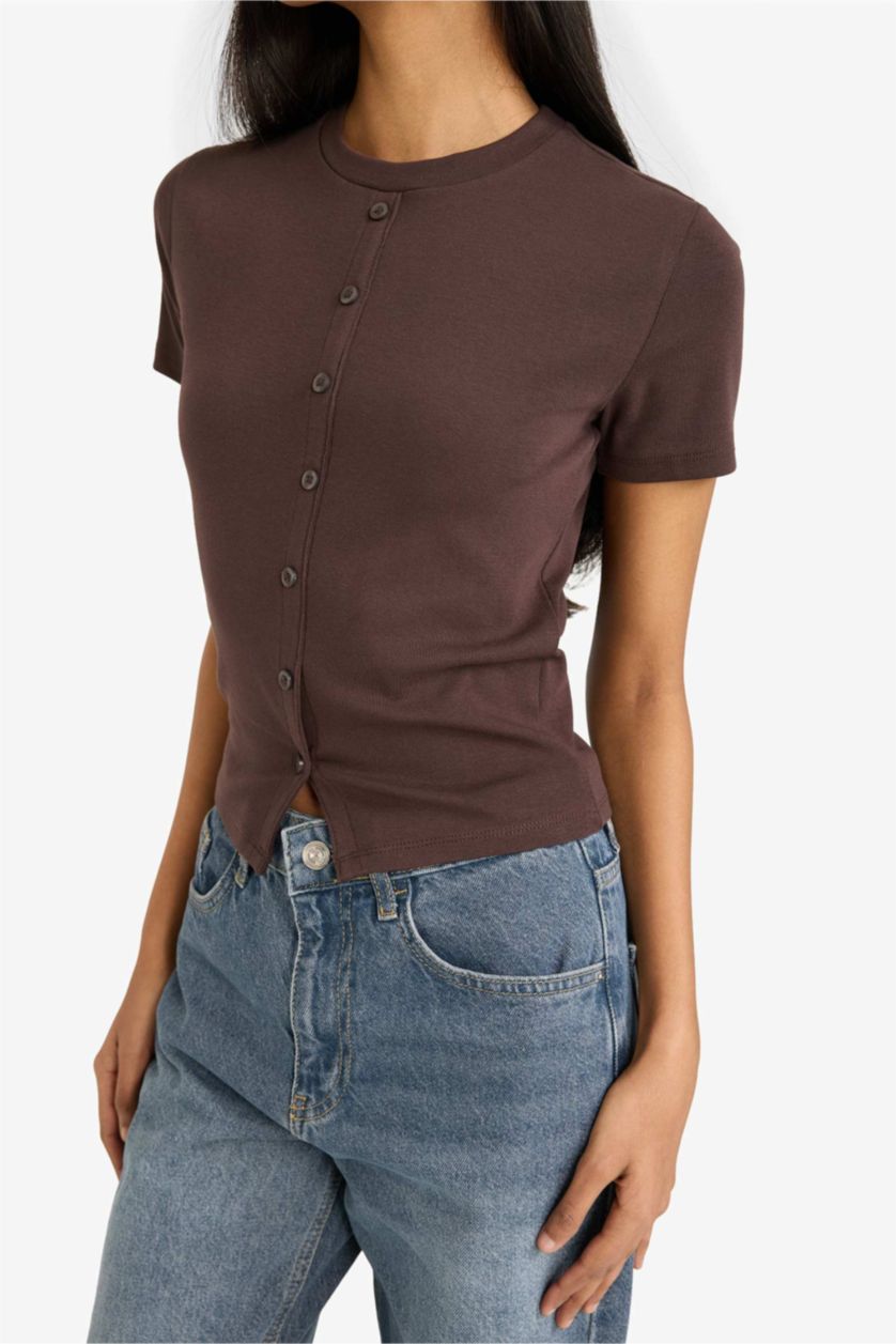 Женщины Коричневый Футболка кашкорсе Fitted в рубчик с круглым вырезом и коротким рукавом