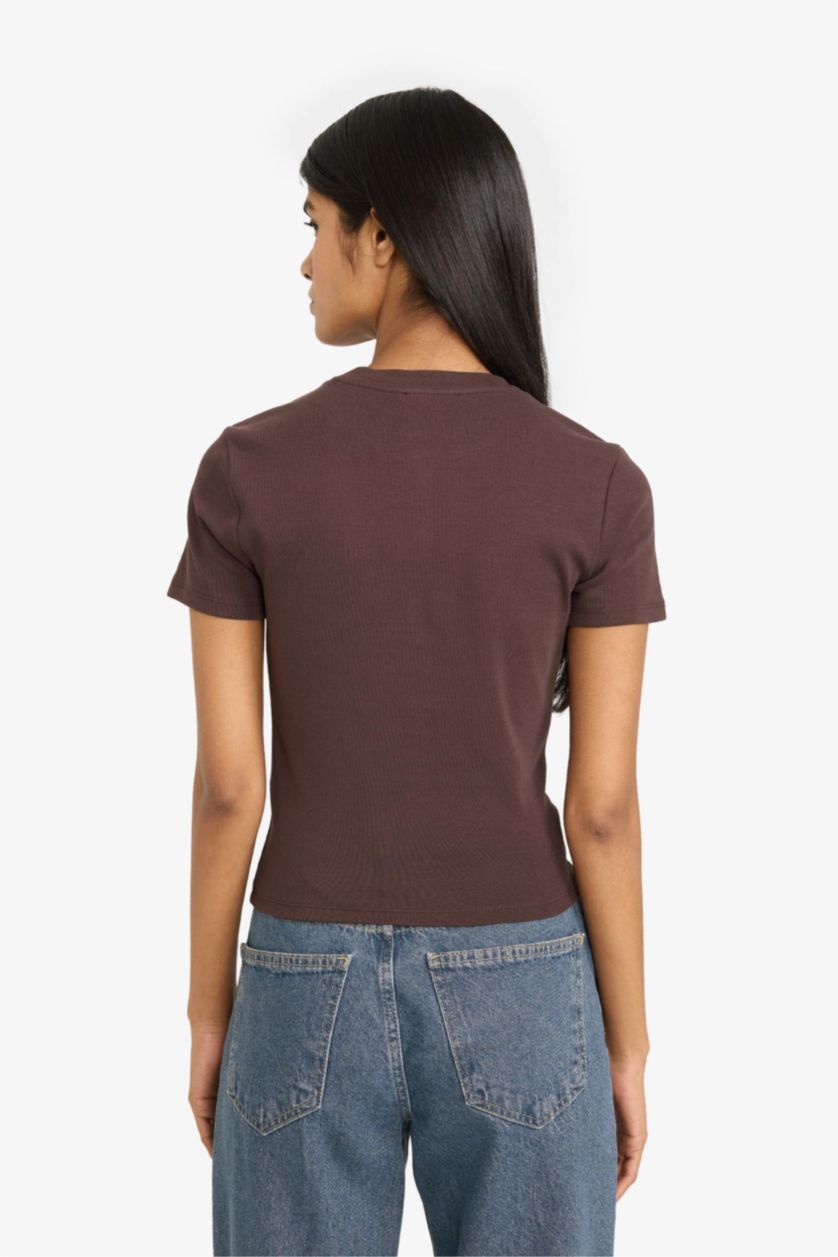 Женщины Коричневый Футболка кашкорсе Fitted в рубчик с круглым вырезом и коротким рукавом