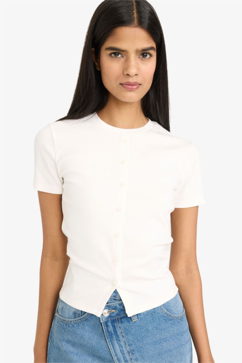 Женщины Кремовый Футболка кашкорсе Fitted в рубчик с круглым вырезом и коротким рукавом