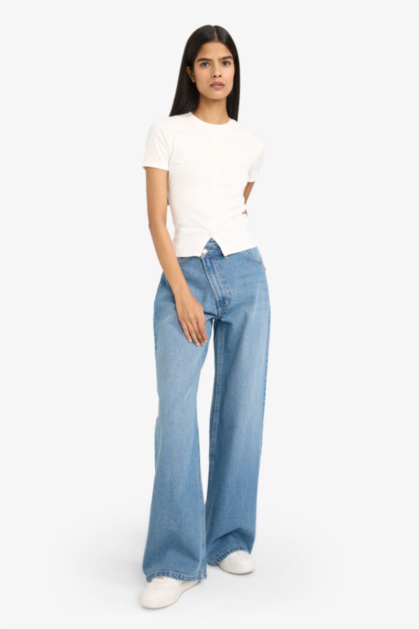 Женщины Кремовый Футболка кашкорсе Fitted в рубчик с круглым вырезом и коротким рукавом