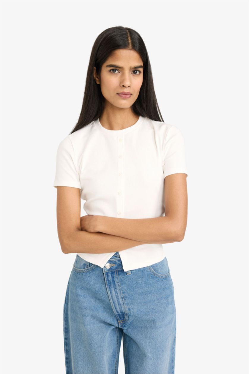 Женщины Кремовый Футболка кашкорсе Fitted в рубчик с круглым вырезом и коротким рукавом