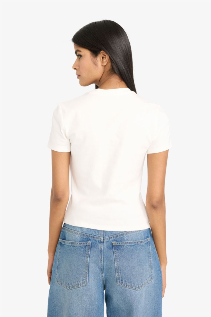 Женщины Кремовый Футболка кашкорсе Fitted в рубчик с круглым вырезом и коротким рукавом