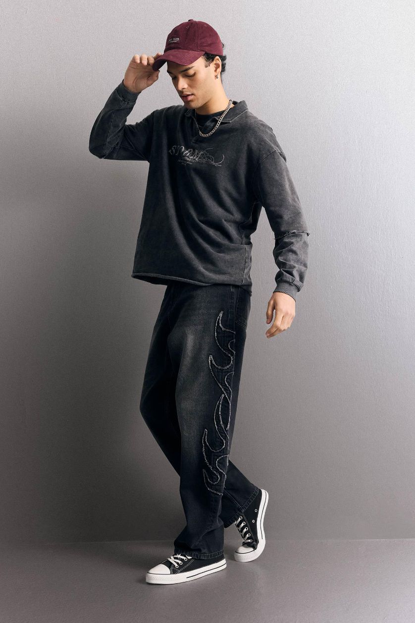 Erkek Siyah Baggy Fit Geniş Paça Jean Pantolon