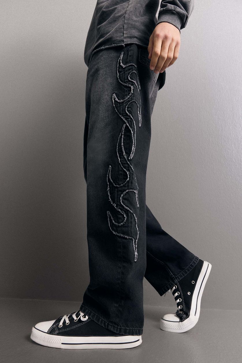 Erkek Siyah Baggy Fit Geniş Paça Jean Pantolon