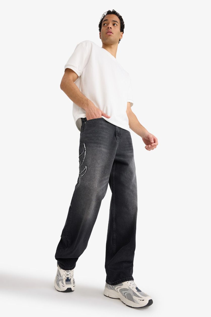 Erkek Siyah Baggy Fit Geniş Paça Jean Pantolon