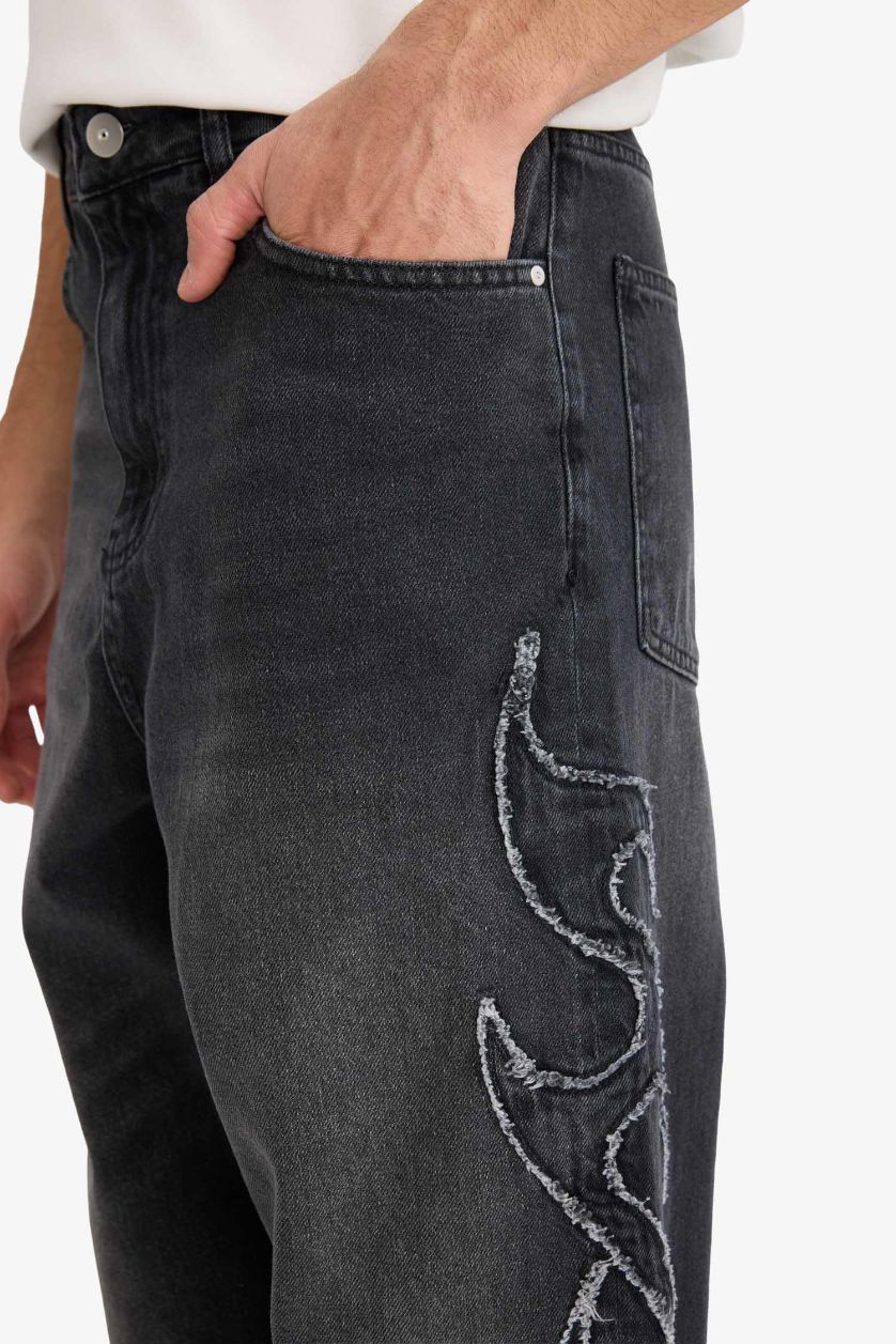 Erkek Siyah Baggy Fit Geniş Paça Jean Pantolon