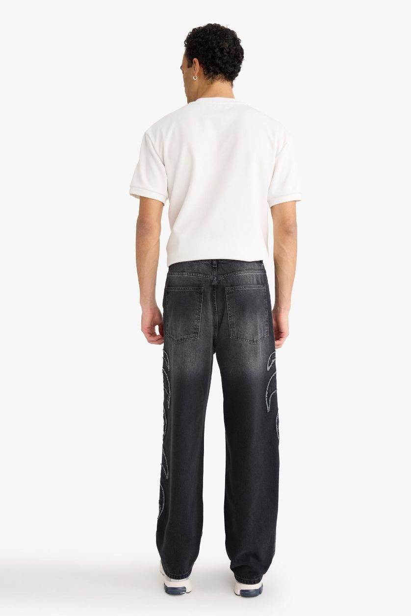 Erkek Siyah Baggy Fit Geniş Paça Jean Pantolon