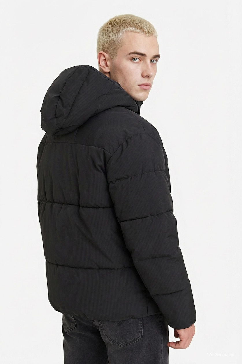 Erkek Siyah Regular Fit Kapüşonlu Şişme Mont