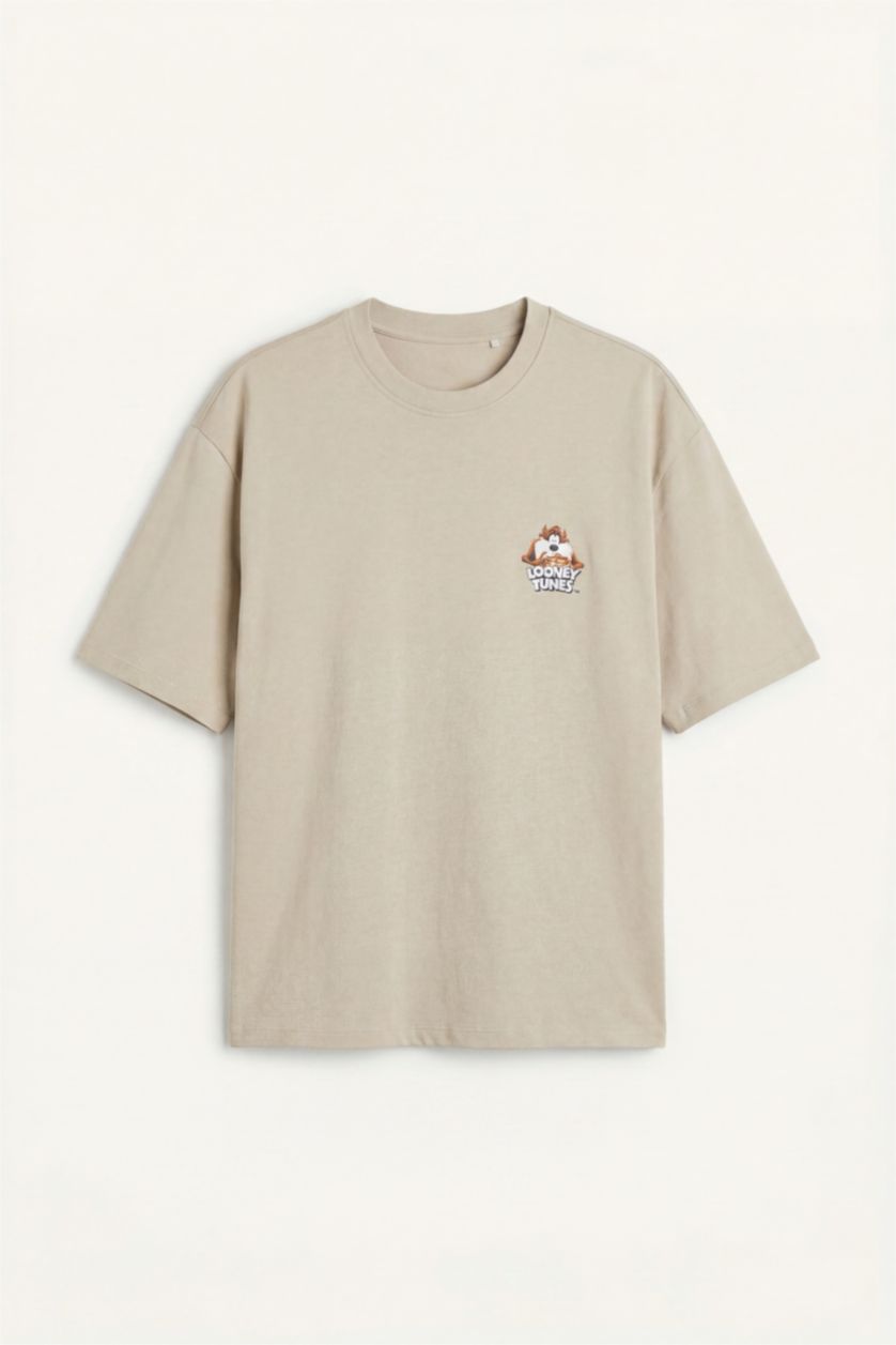 Erkek Bej Looney Tunes Boxy Fit Kısa kollu Baskılı Tişört