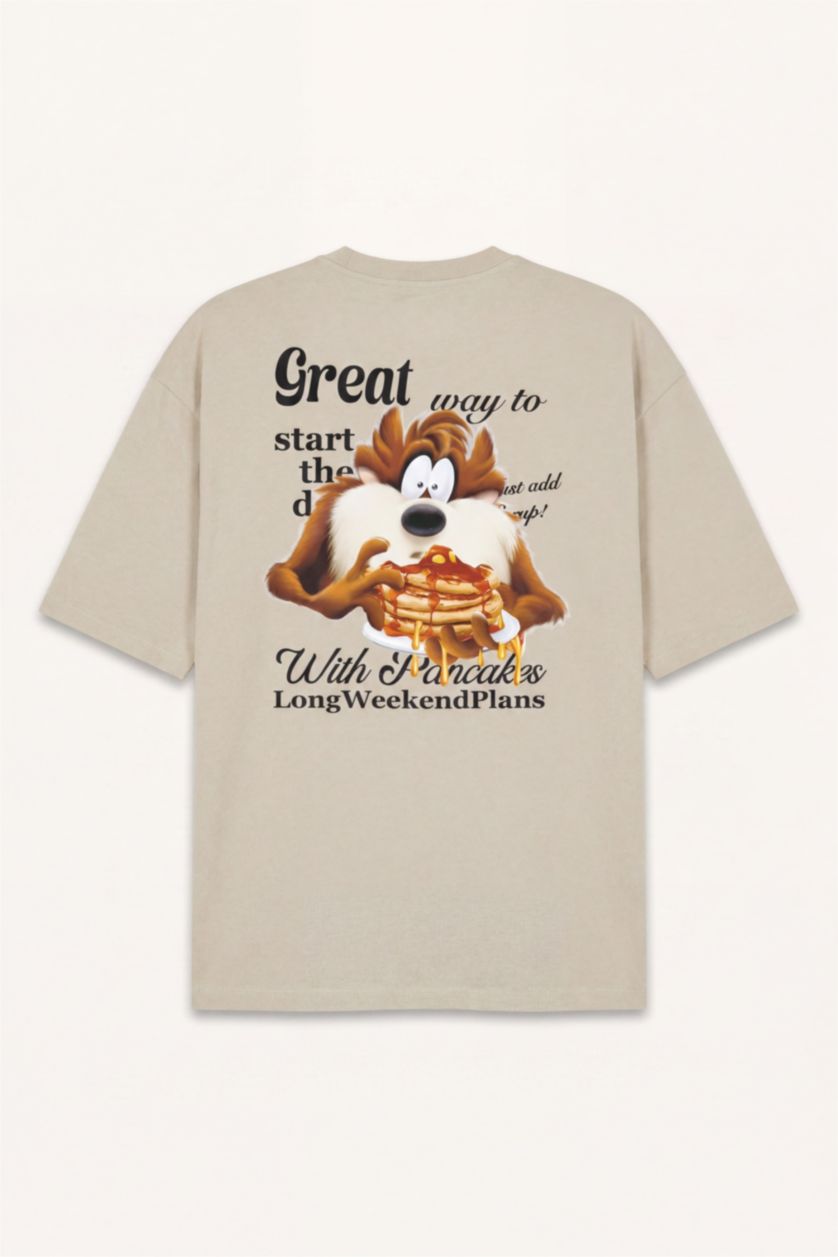 Erkek Bej Looney Tunes Boxy Fit Kısa kollu Baskılı Tişört