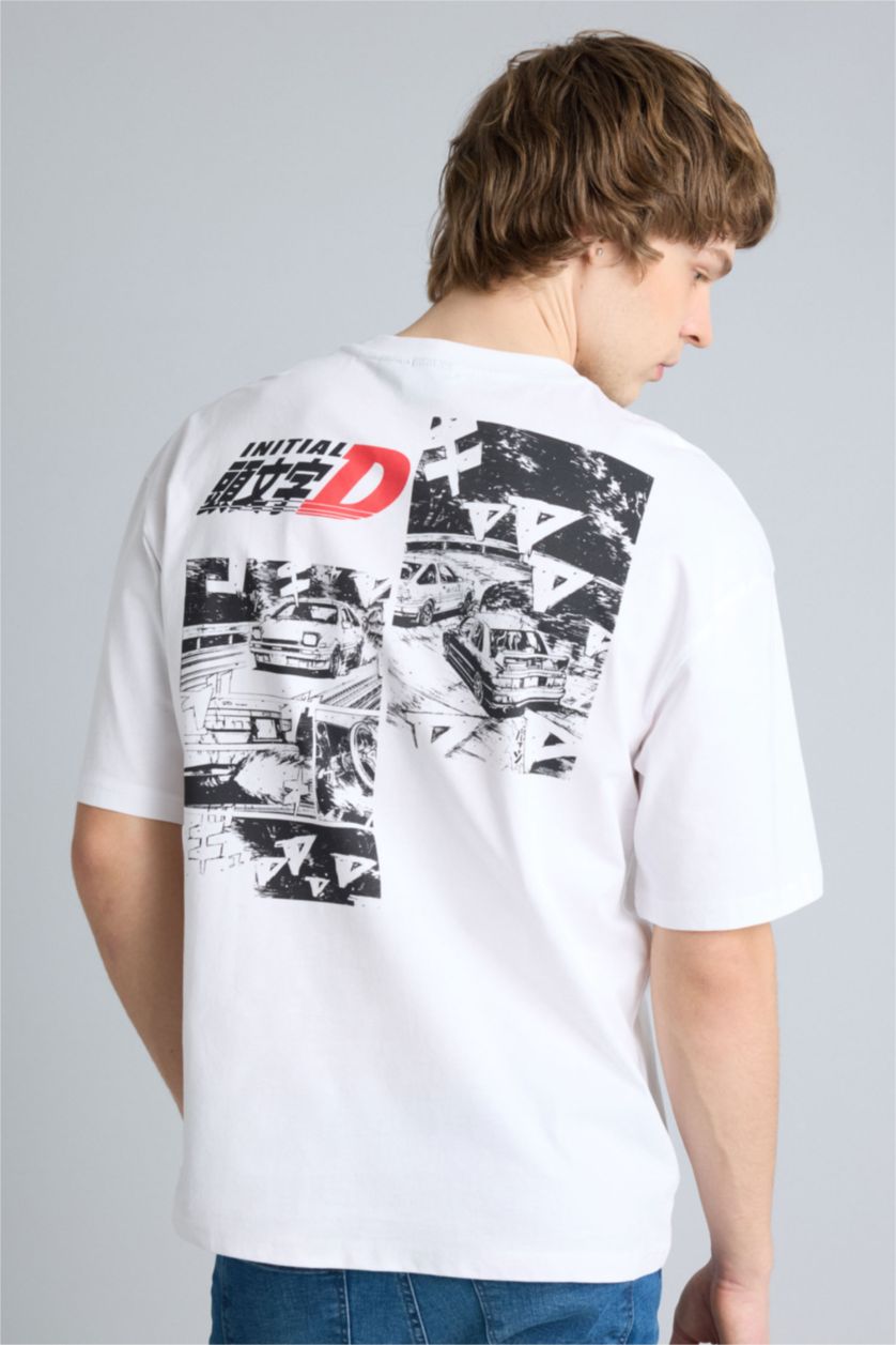 Erkek Beyaz Inıtıal D Boxy Fıt Baskılı Kısa Kollu Tişört