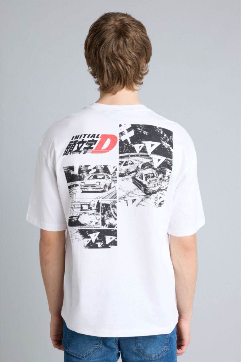 Erkek Beyaz Inıtıal D Boxy Fıt Baskılı Kısa Kollu Tişört