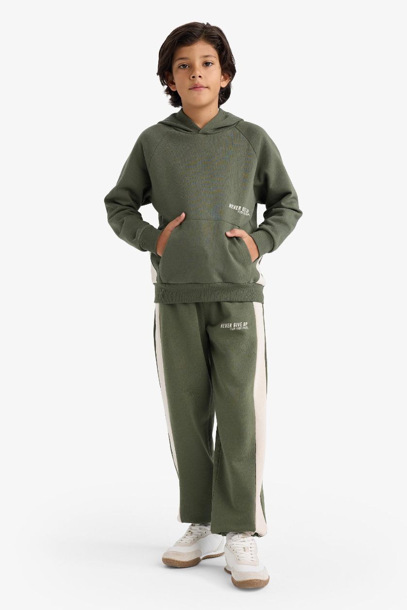 Erkek Çocuk - Genç Erkek Haki Kapüşonlu Baskılı İçi Yumuşak Tüylü Sweatshirt Erkek Çocuk