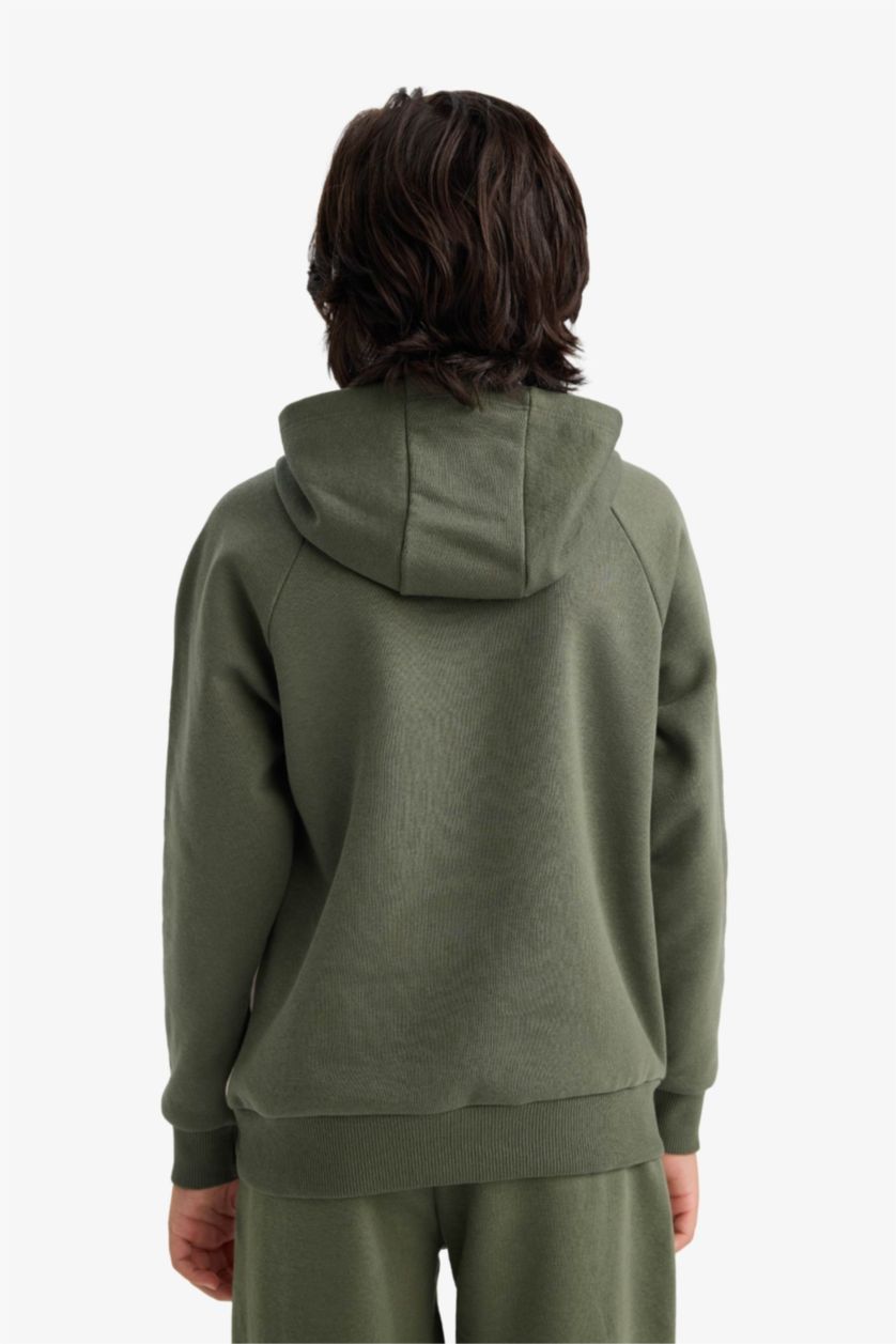 Erkek Çocuk - Genç Erkek Haki Kapüşonlu Baskılı İçi Yumuşak Tüylü Sweatshirt Erkek Çocuk