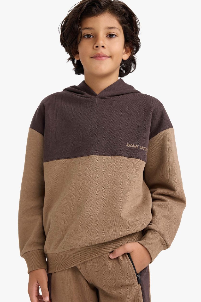 Erkek Çocuk - Genç Erkek Kahve Oversize Geniş Kalıp Kapüşonlu Baskılı İçi Yumuşak Tüylü Sweatshirt Erkek Çocuk