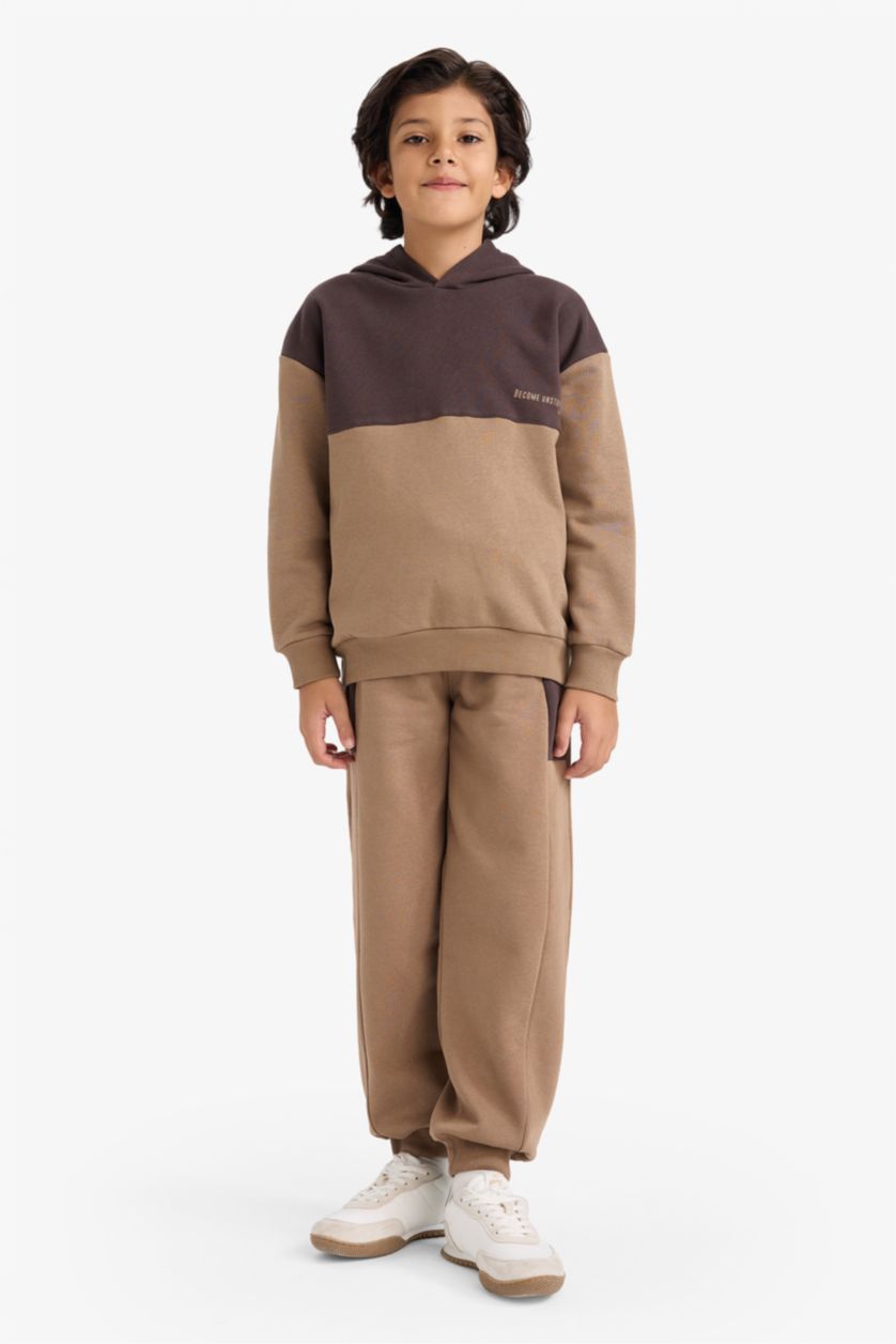 Erkek Çocuk - Genç Erkek Kahve Oversize Geniş Kalıp Kapüşonlu Baskılı İçi Yumuşak Tüylü Sweatshirt Erkek Çocuk