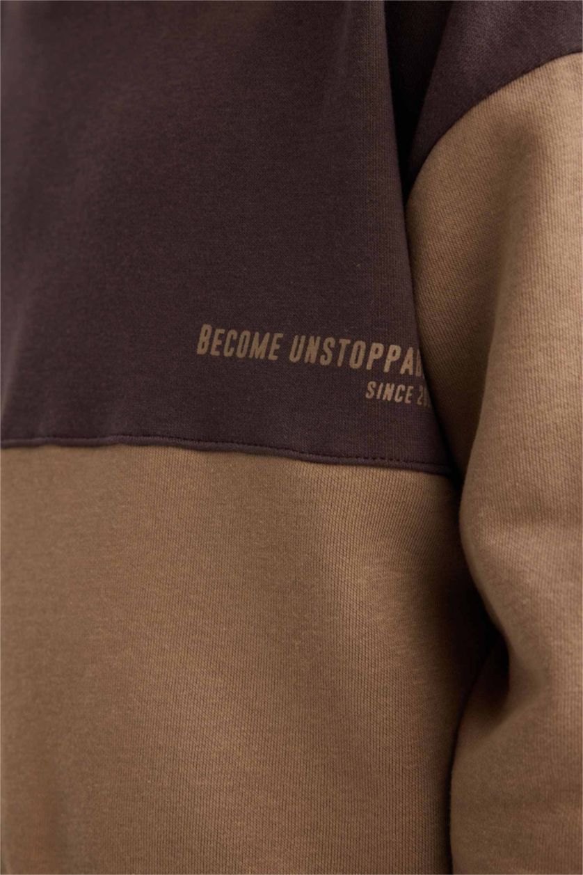 Erkek Çocuk - Genç Erkek Kahve Oversize Geniş Kalıp Kapüşonlu Baskılı İçi Yumuşak Tüylü Sweatshirt Erkek Çocuk