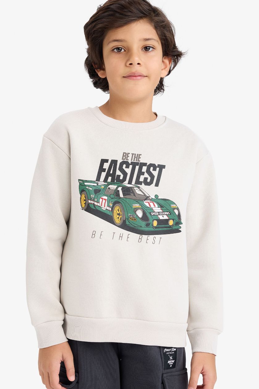 Erkek Çocuk - Genç Erkek Açık Gri Bisiklet Yaka Baskılı İçi Yumuşak Tüylü Sweatshirt Erkek Çocuk